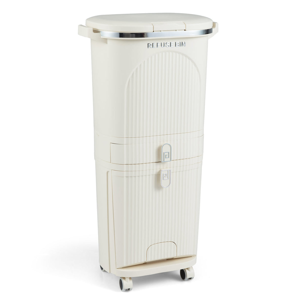 42L Kitchen Trash Can with Lid and 2 Detachable Buckets-Beige