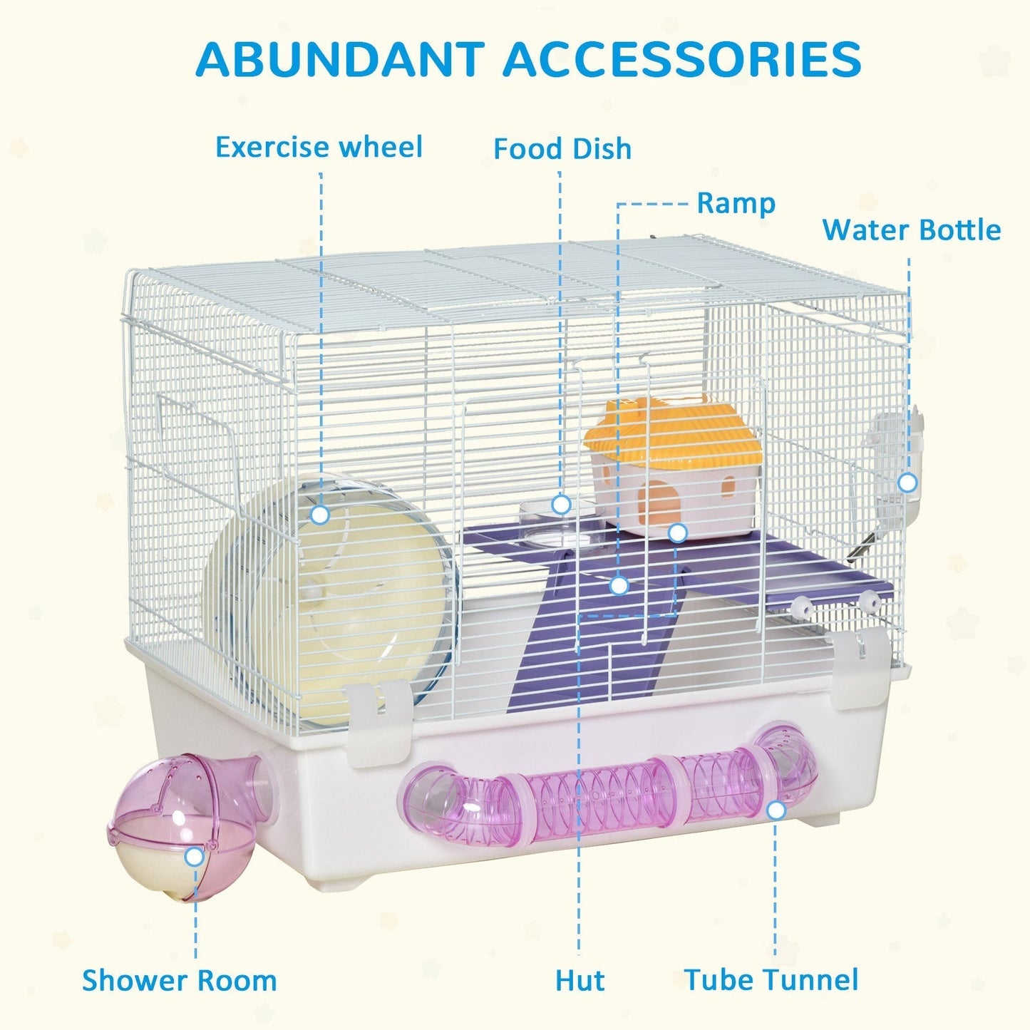 PawHut Multi-storey Hamster Cage, w/ Shower Room, Water Bottle, Tubes, Ramp, White