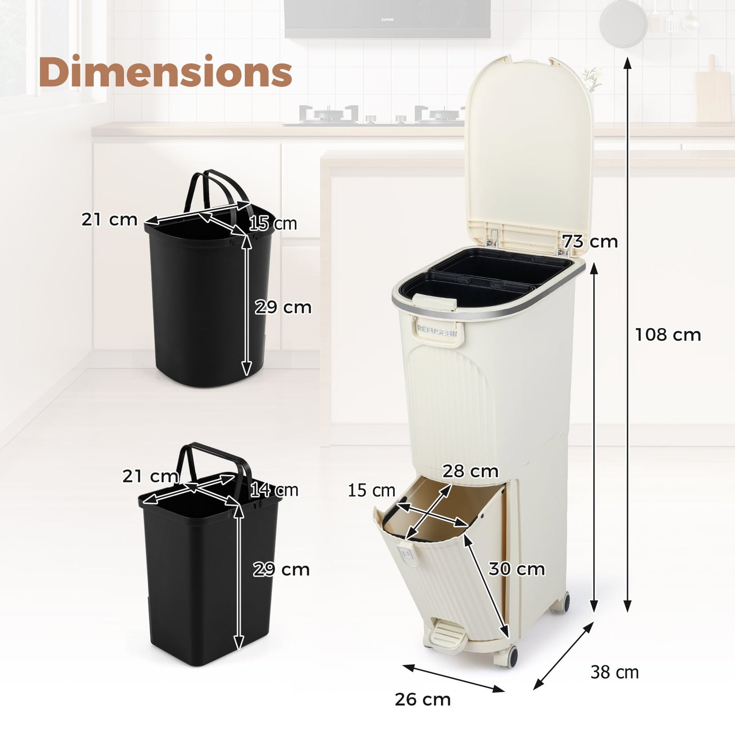 43L Kitchen Trash Can with Lid Double-Layer Sorting Trash Bin-Beige