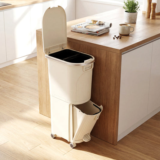 43L Kitchen Trash Can with Lid Double-Layer Sorting Trash Bin-Beige