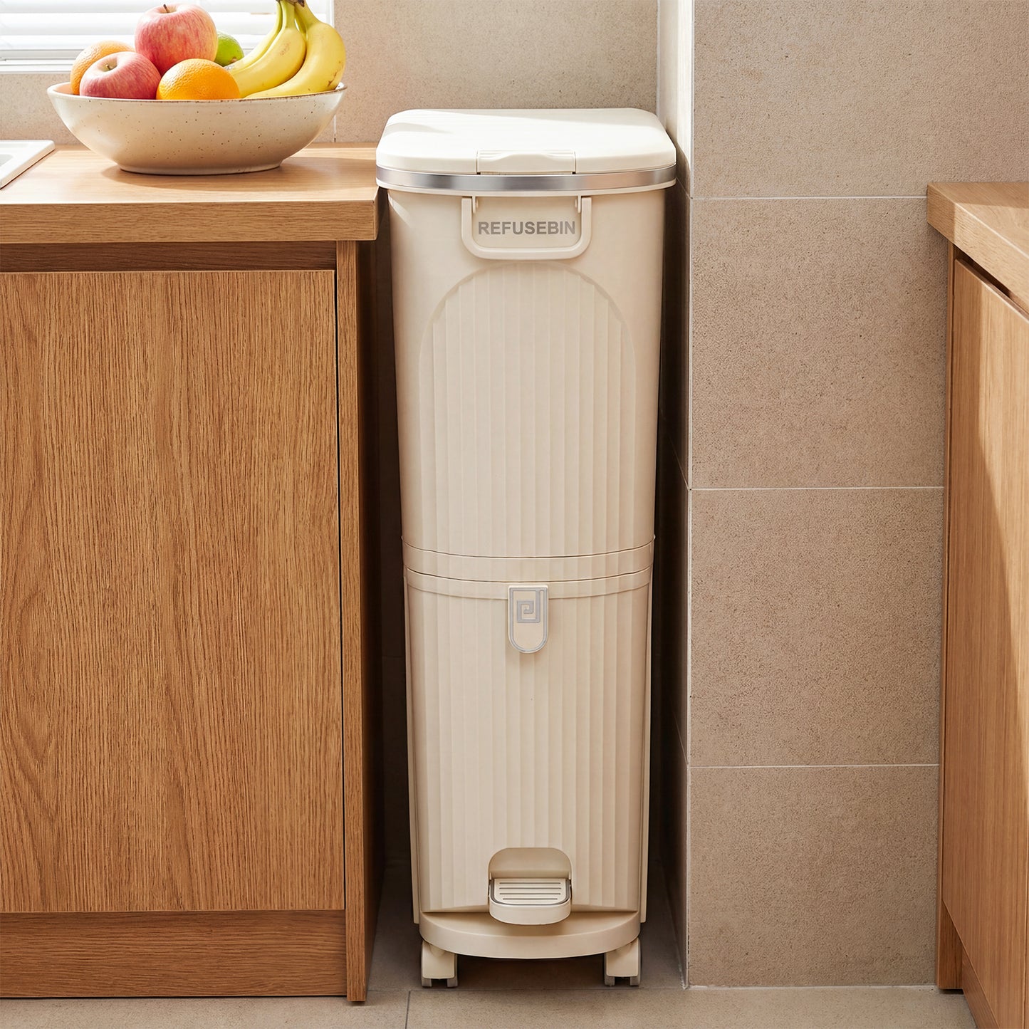 43L Kitchen Trash Can with Lid Double-Layer Sorting Trash Bin-Beige