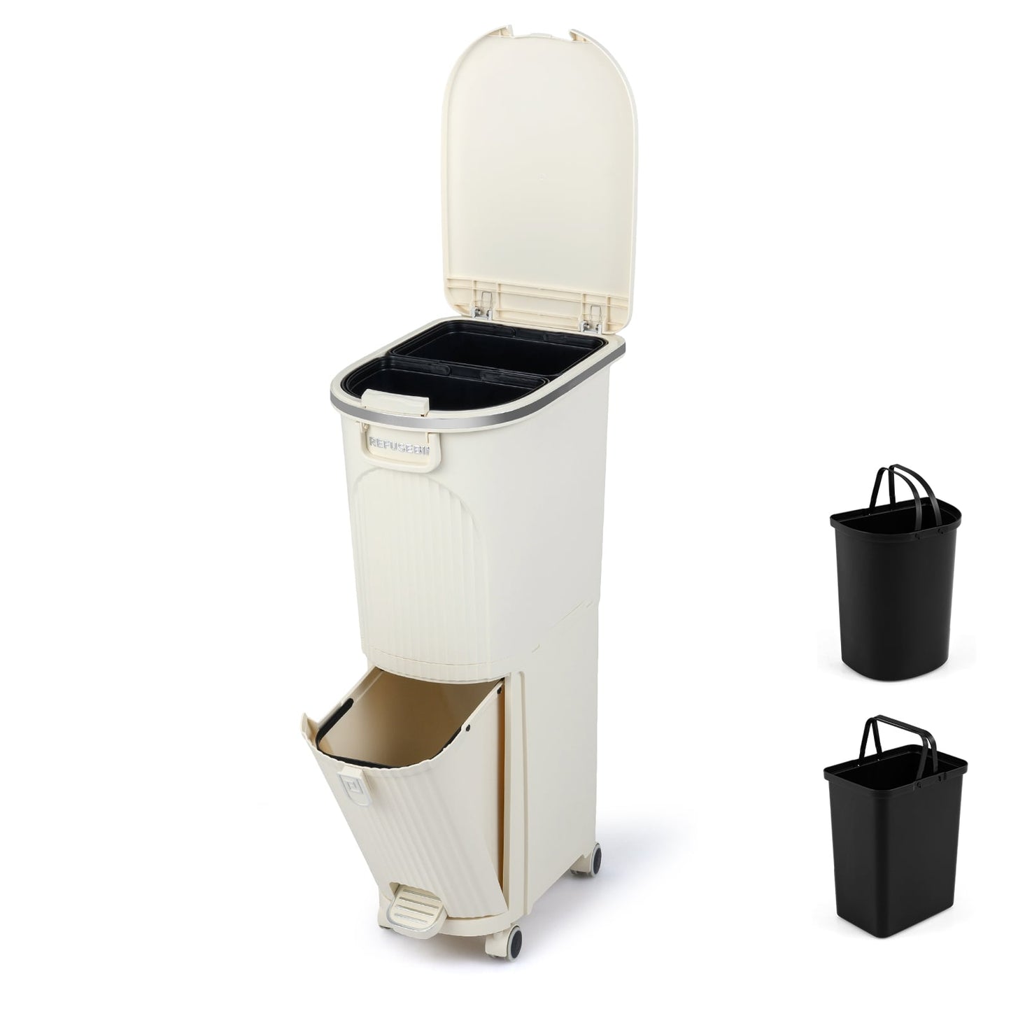 43L Kitchen Trash Can with Lid Double-Layer Sorting Trash Bin-Beige