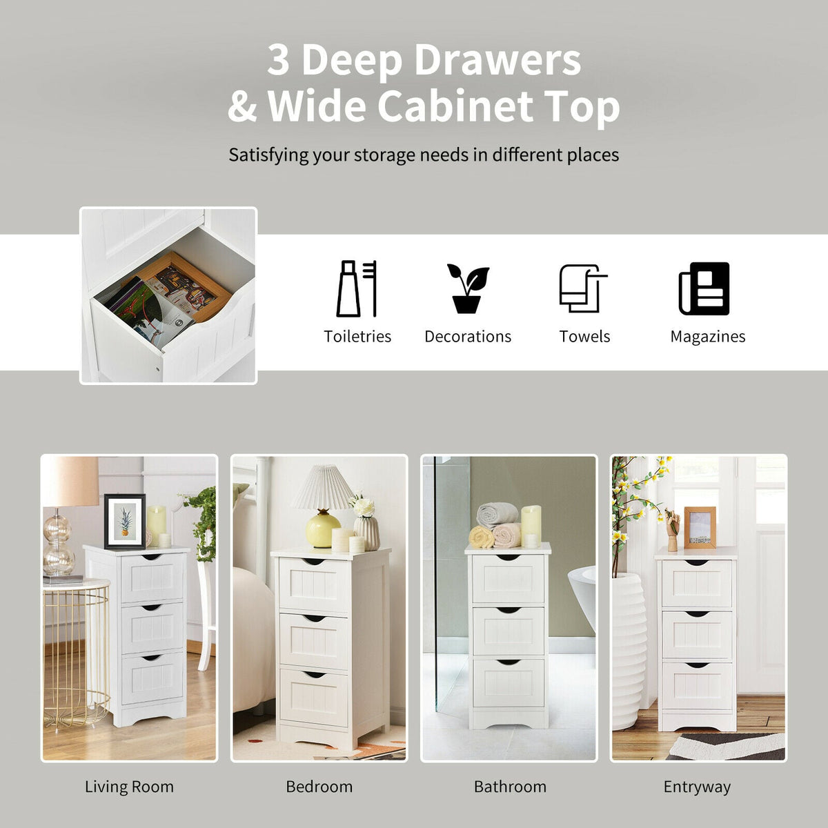 Bathroom Floor Cabinet with 3 Drawers and Cut-Off Handle-White