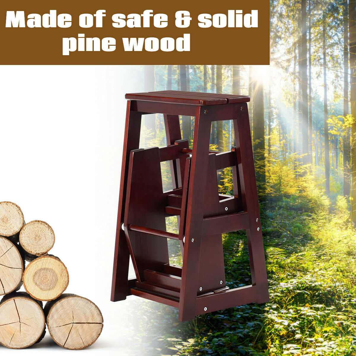 Folding 3 tier Step Stool Wooden Folding Stepladder Shelf-Coffee