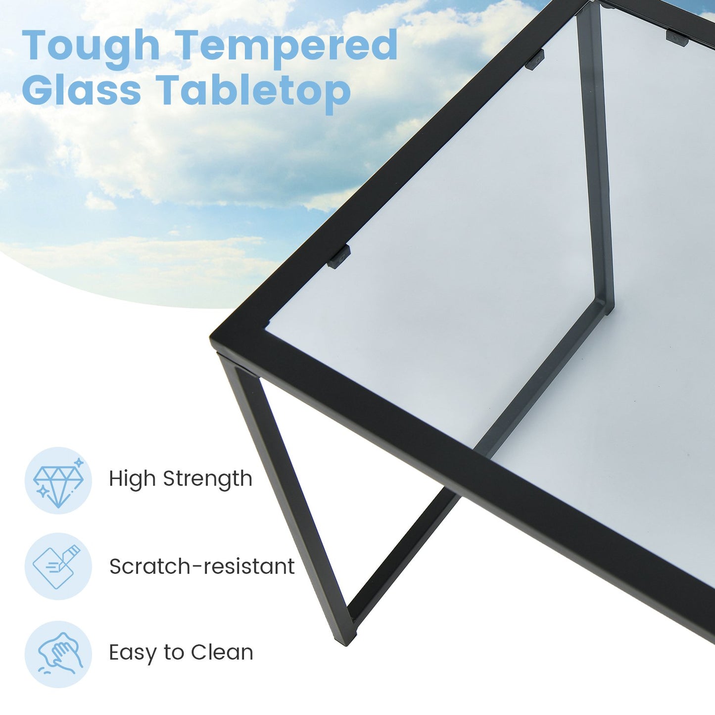 43cm Tempered Glass Top Side Table with Metal Frame