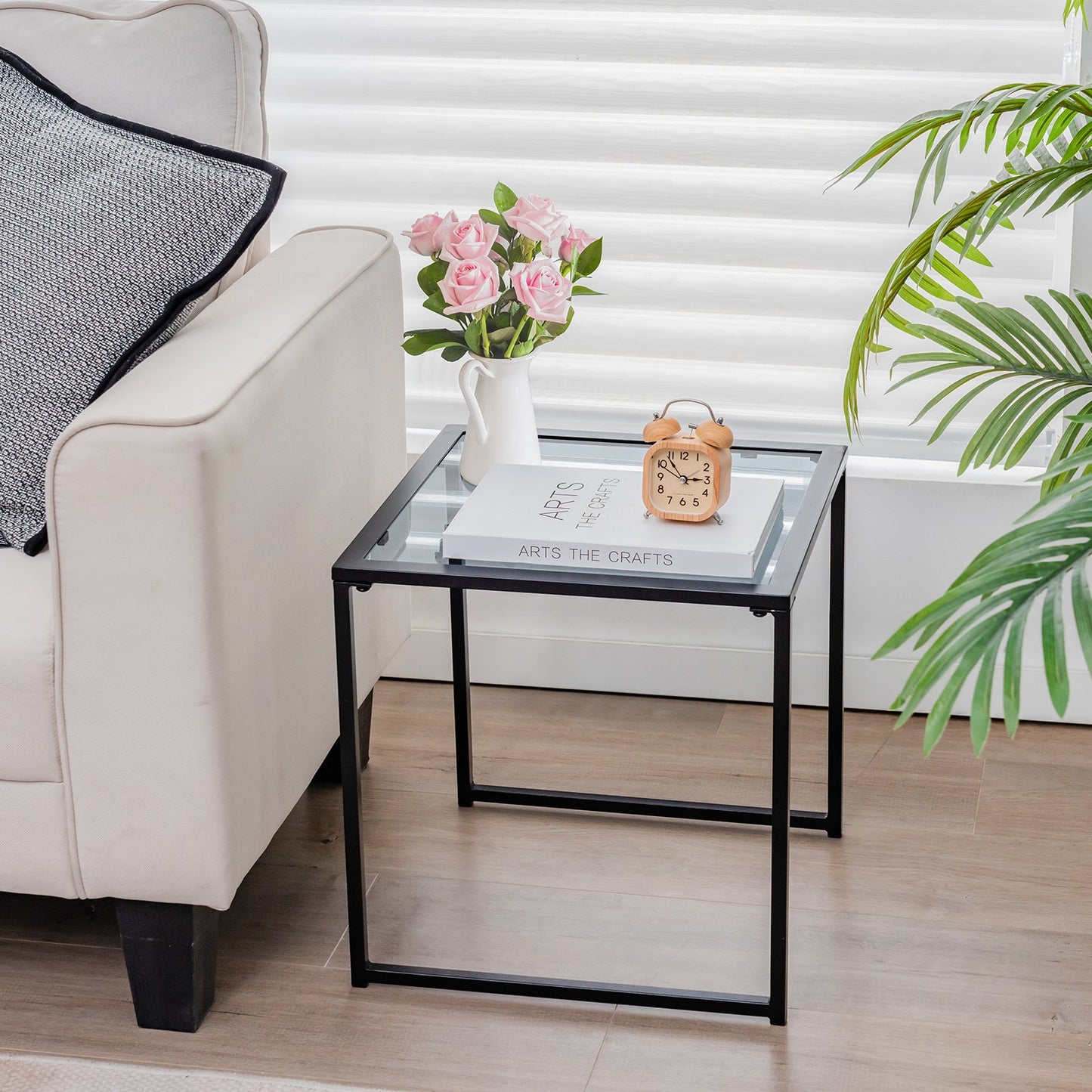 43cm Tempered Glass Top Side Table with Metal Frame