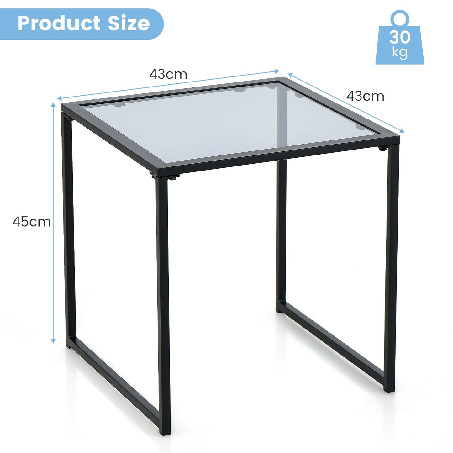 43cm Tempered Glass Top Side Table with Metal Frame
