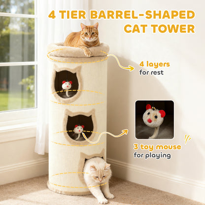 PawHut 3-Tier Cat House for Indoor Kittens, Cat Cave Bed with Scratching Pad, Plush Edge, Removable Plush Bed, 3 Dangling Mice