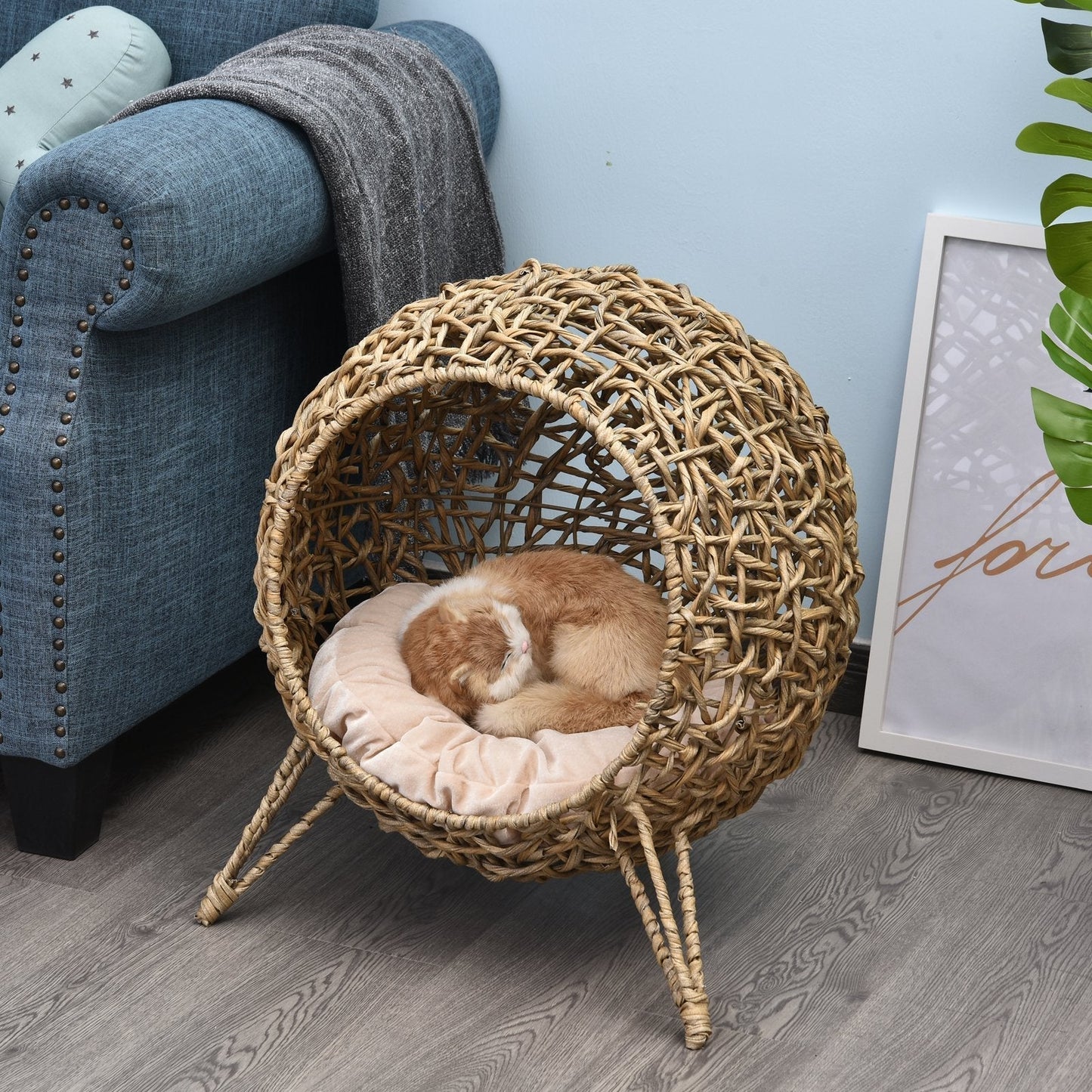 PawHut Hooded Rattan Wicker Elevated Cat House Kitten Pussy Basket Ball Shaped Bed Pet Furniture with Removable Cushion Natural