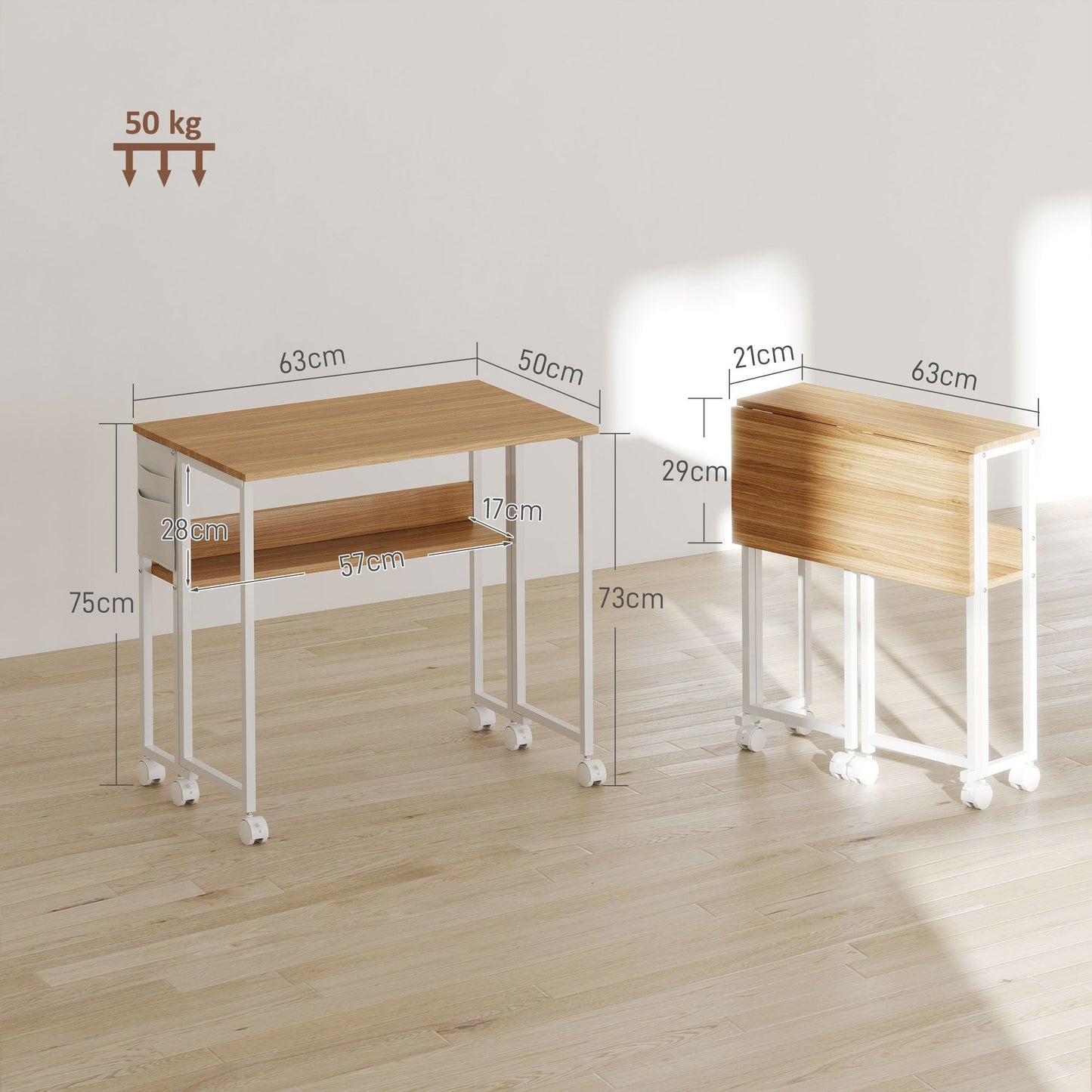 HOMCOM 63 cm Drop Leaf Writing Work Desk - Natural Wood Finish