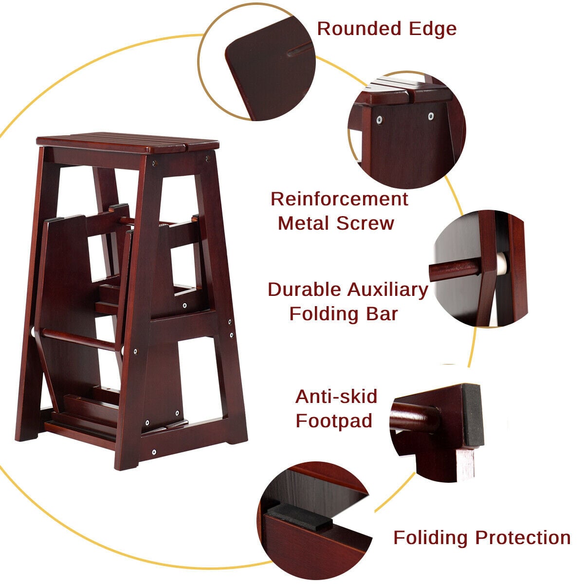 Folding 3 tier Step Stool Wooden Folding Stepladder Shelf-Coffee
