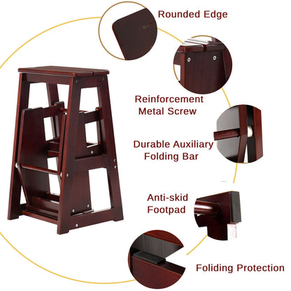 Folding 3 tier Step Stool Wooden Folding Stepladder Shelf-Coffee
