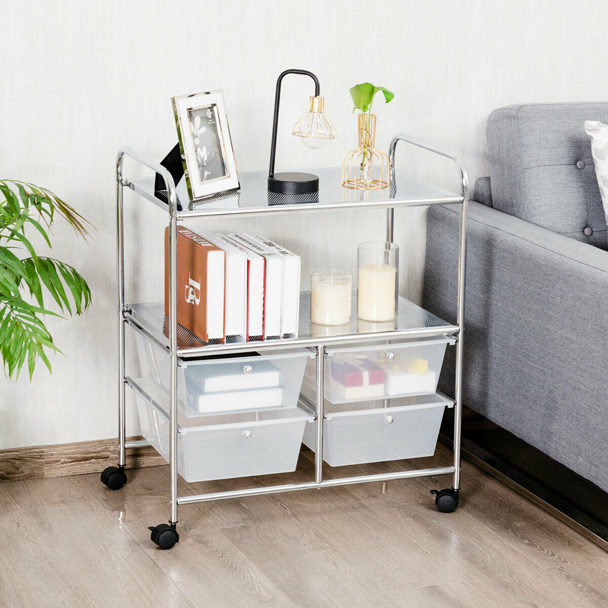 Utility Organiser Cart with 4 Plastic Drawers-White