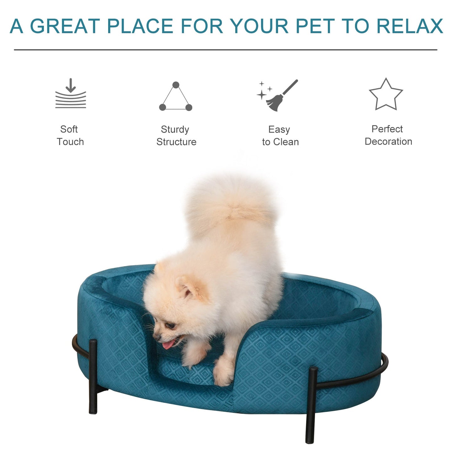 PawHut Pet Sofa Cat or Small Sized Dog Bed W/ Removable Seat Cushion Solid Metal Base, Teal