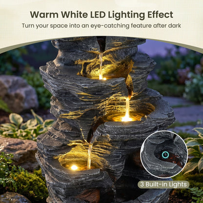 45.5 cm Outdoor Water Fountain with LED Lights and 5-Tier Tabletop Cascading Rock Waterfall Feature
