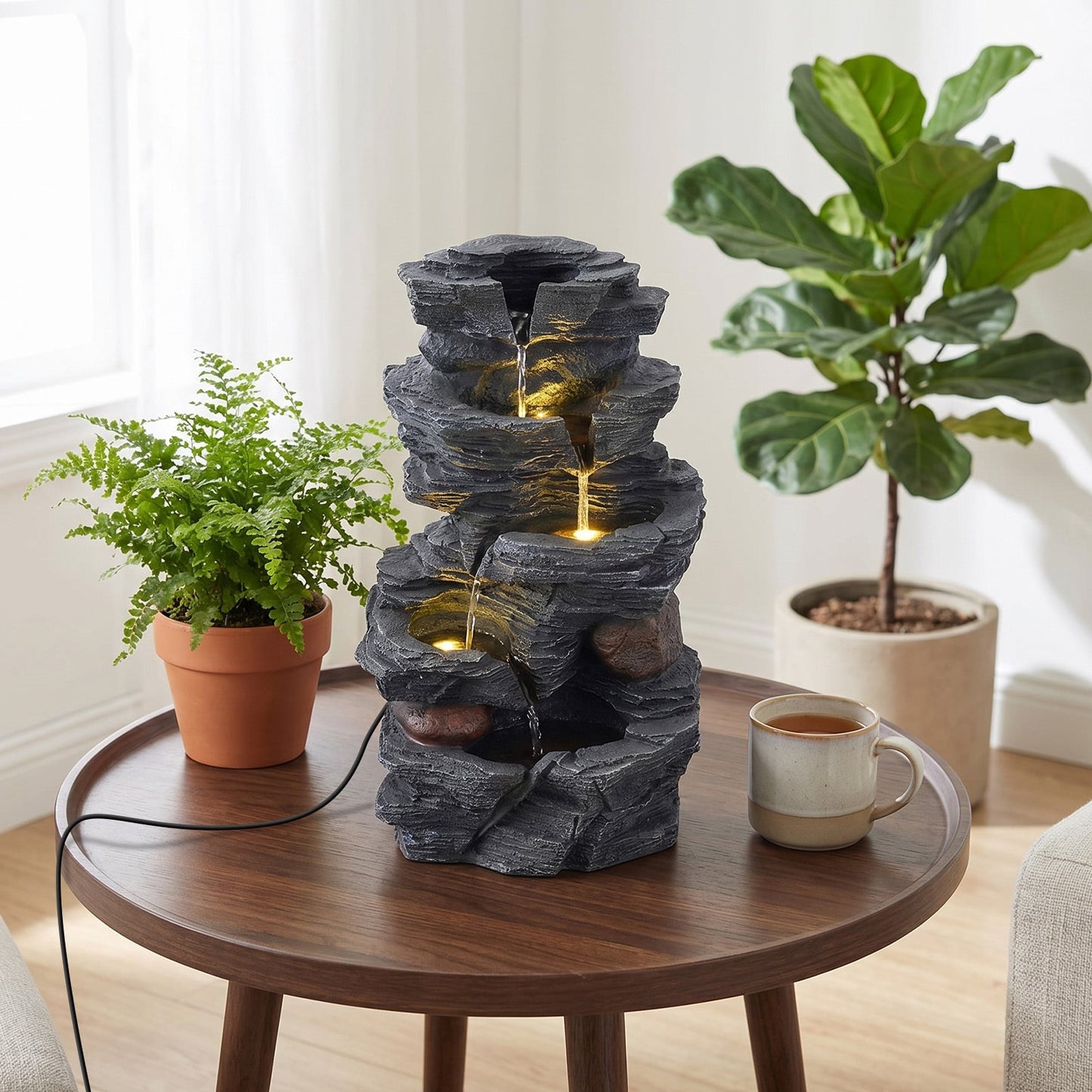 45.5 cm Outdoor Water Fountain with LED Lights and 5-Tier Tabletop Cascading Rock Waterfall Feature