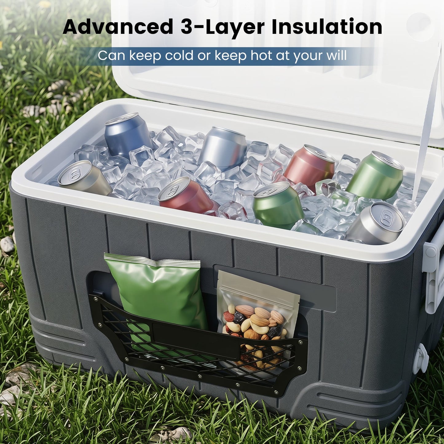 45 L Insulated Portable Cooler Hard Shell with 4 Cup Holders and Drain Plug-Grey