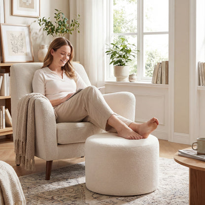 45 cm x 35 cm Round Pouf Ottoman with Loop Yarn Fabric and Machine-washable Cover-White