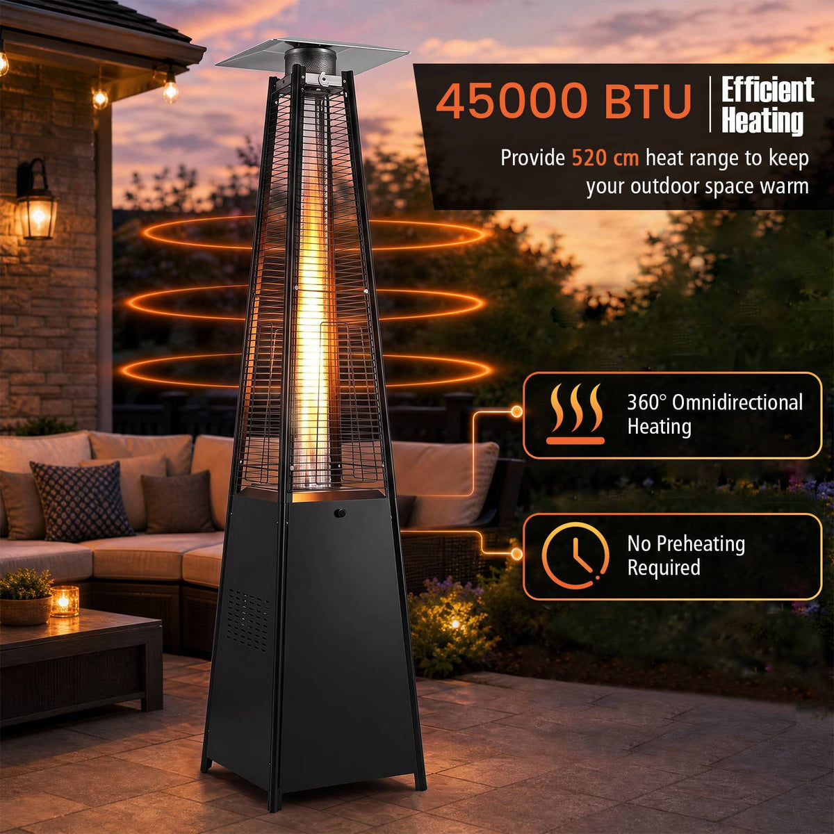 45000 BTU Pyramid Patio Heater with Zippered Cover and Triple Safety Protection for Deck-Black