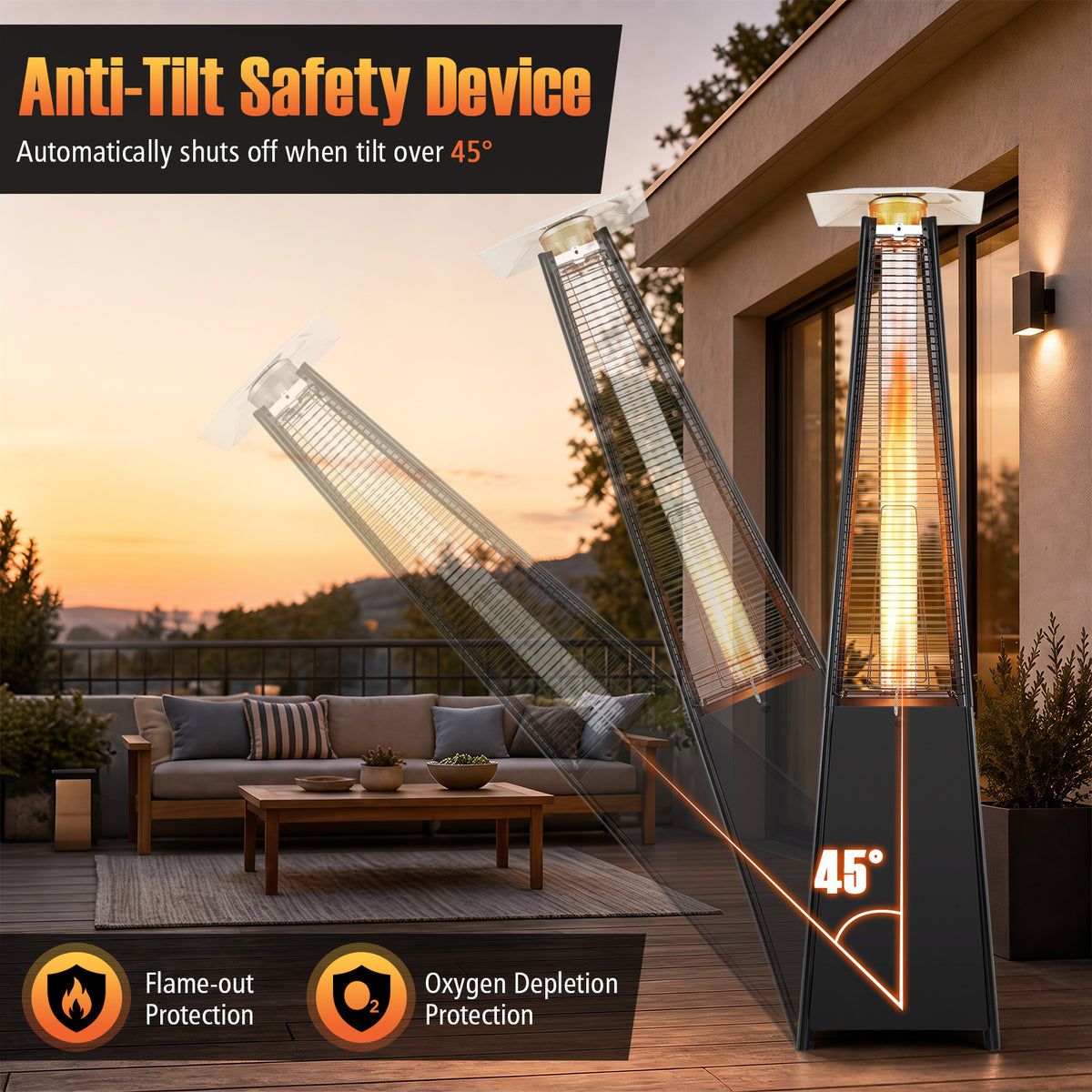 45000 BTU Pyramid Patio Heater with Zippered Cover and Triple Safety Protection for Deck-Black