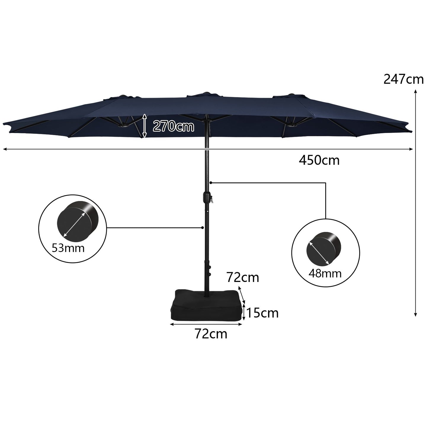 450CM Double Sided Outdoor Umbrella Twin Size with Crank Handle-Navy