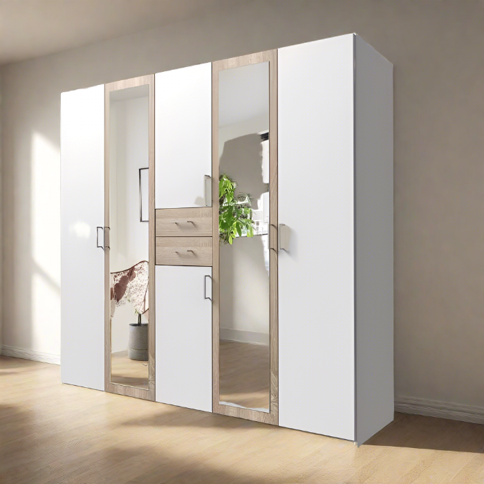 Dakar 5 Door Mirrored Wardrobe - White And Oak