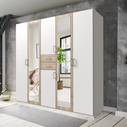 Dakar 5 Door Mirrored Wardrobe - White And Oak