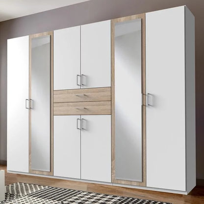 Dakar 6 Door Mirrored Wardrobe - White And Oak