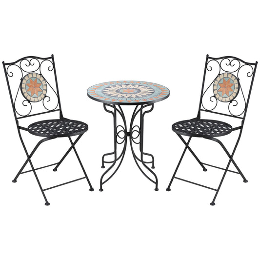 Outsunny 3 Piece Garden Bistro Set, Folding Patio Chairs_Ceramic Tiles Tabletop for Outdoor, Balcony, Poolside, Light Blue