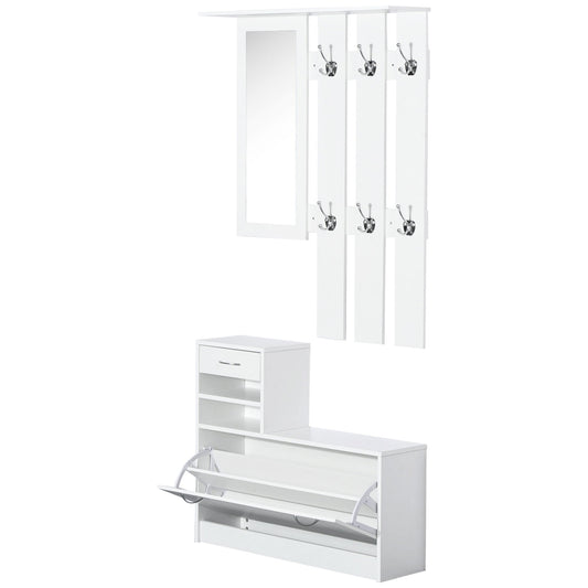 HOMCOM 2PC Shoes Storage Chest Cloths Rack Unit w/Mirror Multiple Shelves Large Storage Capacity Shoes Cabinet 6 Hooks Cloth Rack White