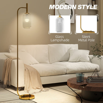 HOMCOM Lampa podłogowa do salonu z kloszem szklanym, nowoczesna lampa stojąca z przełącznikiem nożnym do sypialni, żarówka nie jest dołączona, odcień złota