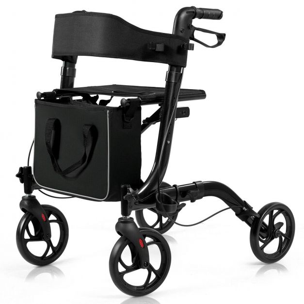 Folding Aluminium Rollator Walker Mobility Aid With 4 Wheels-Black