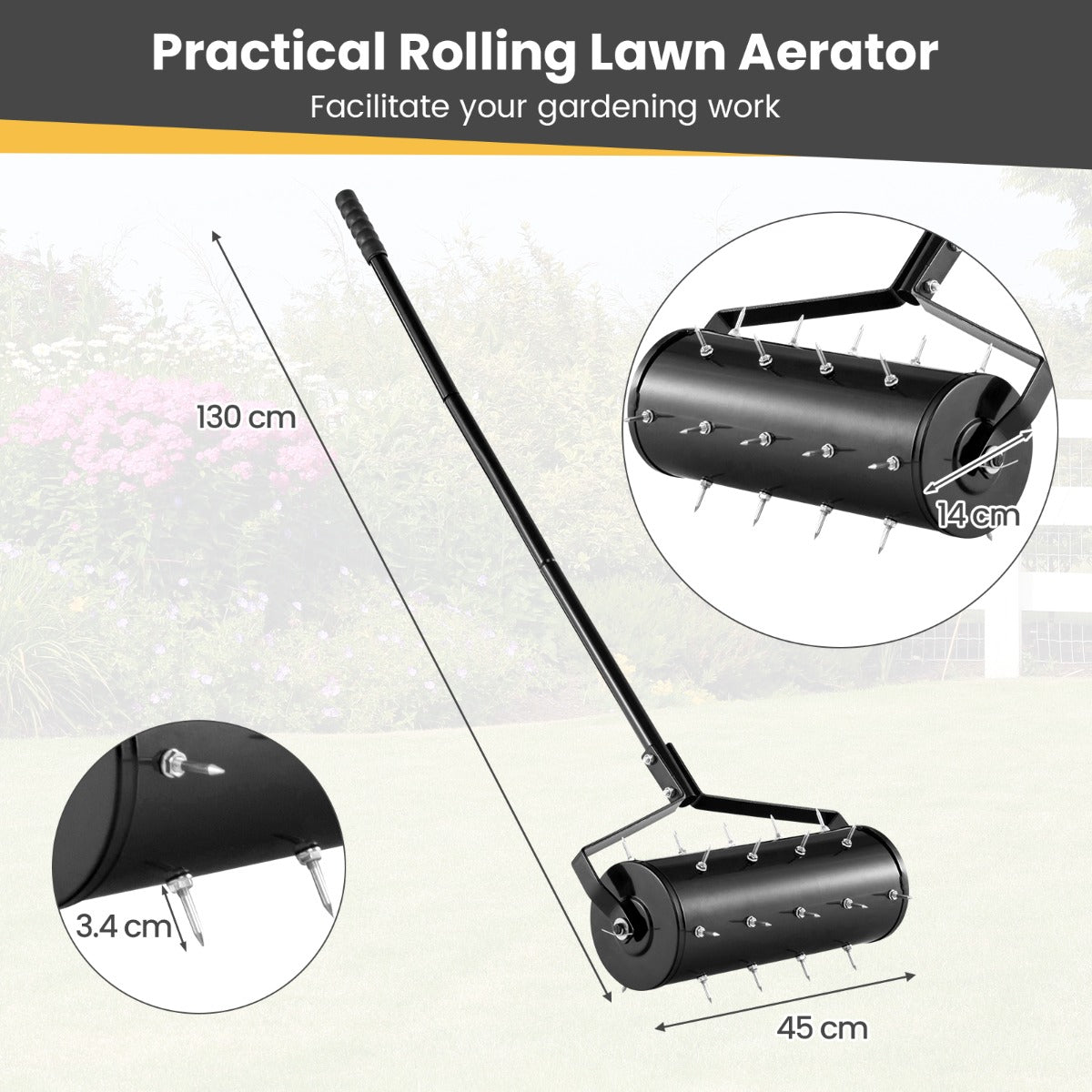 45 cm Manual Rolling Lawn Aerator Tool with 130 cm Detachable Handle-Black