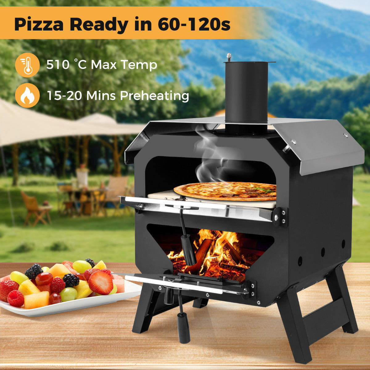 45 cm Outdoor Pizza Oven with Pizza Stone and Oxford Cloth Cover-Black