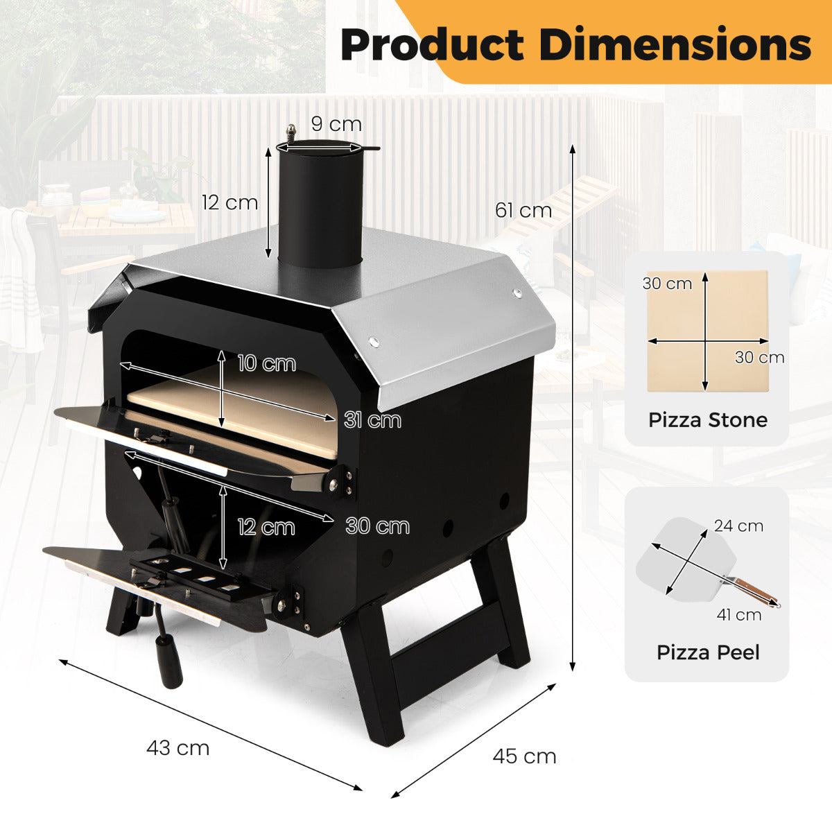 45 cm Outdoor Pizza Oven with Pizza Stone and Oxford Cloth Cover-Black