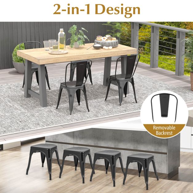 Metal High Back Bar Stools 45cm with Removable Backrest-Black-Set of 4