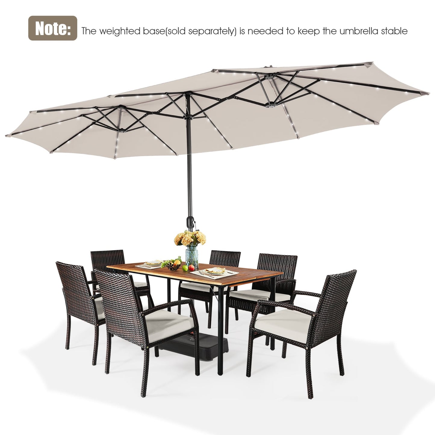 460 cm Twin Patio Umbrella with 48 LED Lights and Auto-Charging Solar Panel-Beige