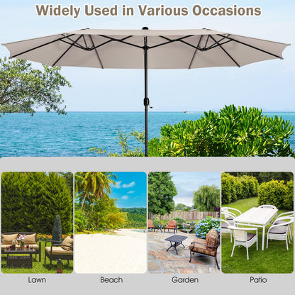 460 cm Twin Patio Umbrella with 48 LED Lights and Auto-Charging Solar Panel-Beige