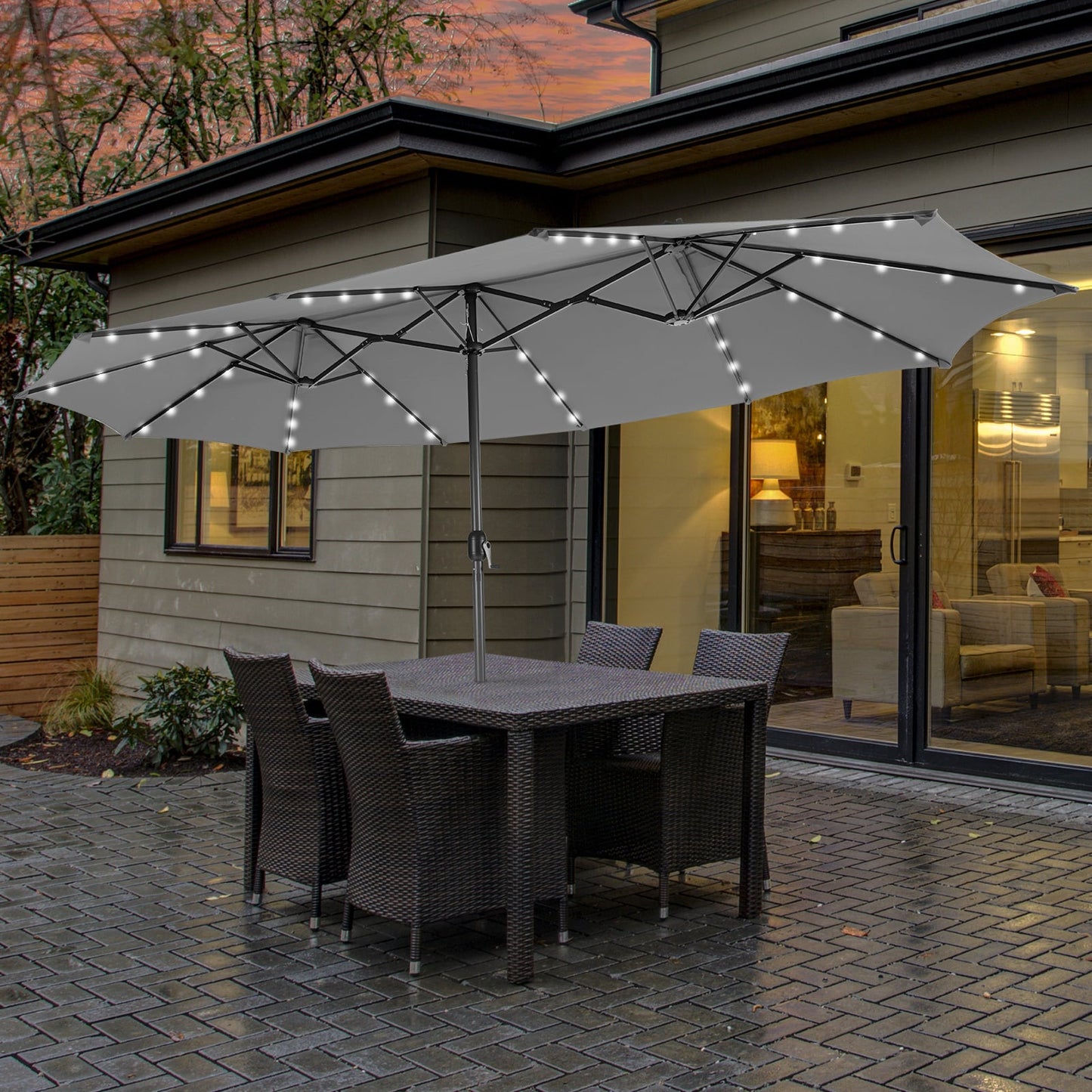 460 cm Twin Patio Umbrella with 48 LED Lights and Auto-Charging Solar Panel-HS