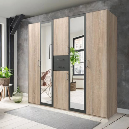 Dakar 5 Door Mirrored Wardrobe - Oak And Graphite