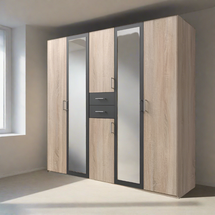 Dakar 5 Door Mirrored Wardrobe - Oak And Graphite