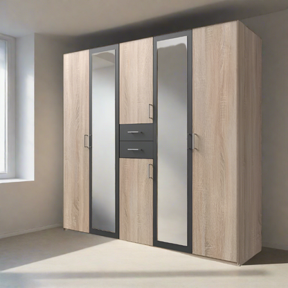 Dakar 5 Door Mirrored Wardrobe - Oak And Graphite