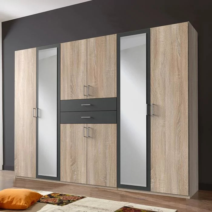 Dakar 6 Door Mirrored Wardrobe - Oak And Graphite