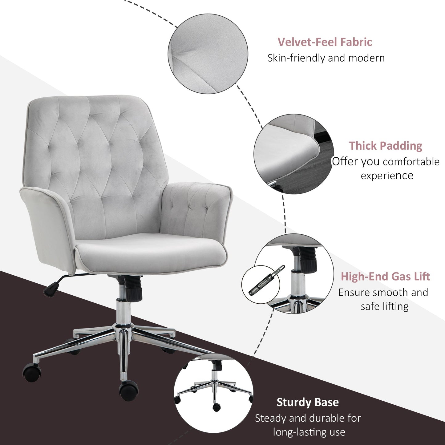 Vinsetto Swivel Computer Chair w/ Arm Modern Style Tufted Home Office Bedroom Light Grey