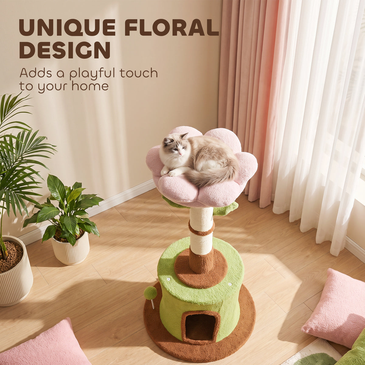 PawHut Cat Tree for Indoor Kittens, 88cm Flower Cat Tower with Condo & Bed, Scratching Post, 2 Toy Balls and 2 Crinkle Leaves