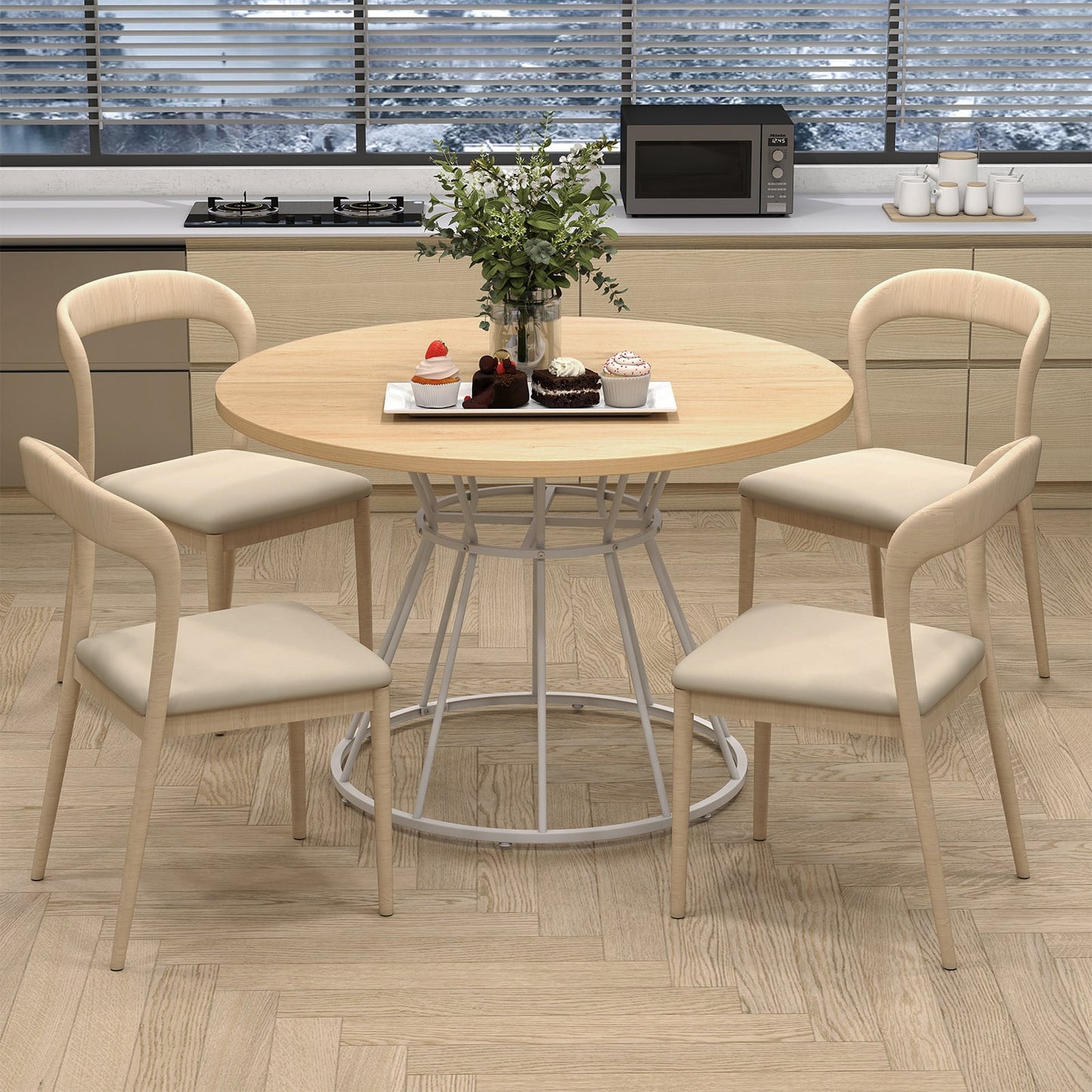 Round Dining Table for 4 with Wooden Tabletop and Metal Base-Natrual