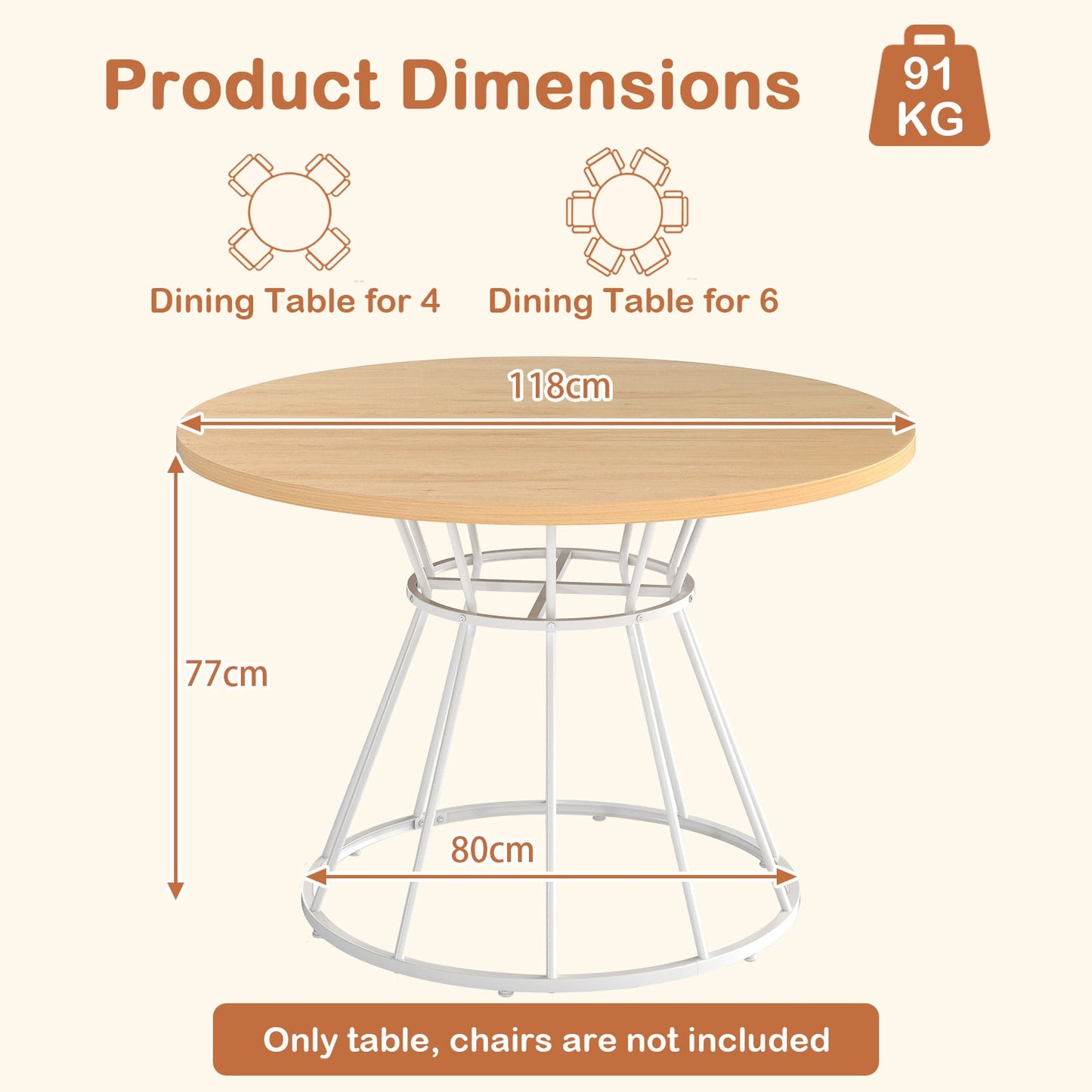 Round Dining Table for 4 with Wooden Tabletop and Metal Base-Natrual