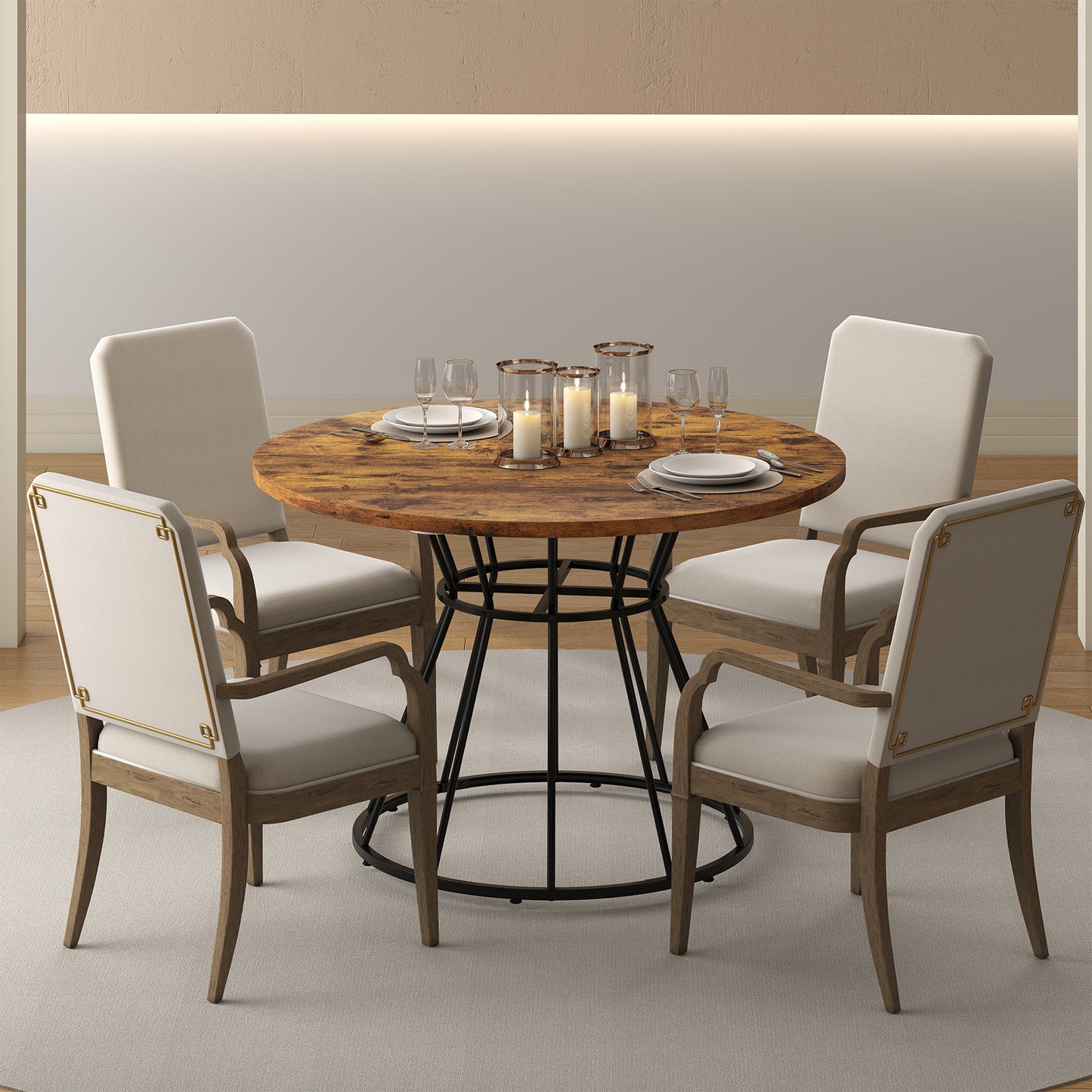 Round Dining Table for 4 with Wooden Tabletop and Metal Base-Rustic Brown