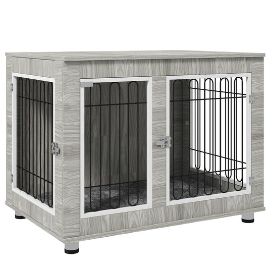 PawHut Indoor Dog Kennel w/ Soft Cushion, Double Doors dla dużych psów, 106 x 74 x 81,5 cm, szary
