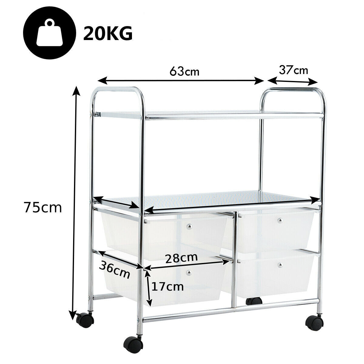 Utility Organiser Cart with 4 Plastic Drawers-White